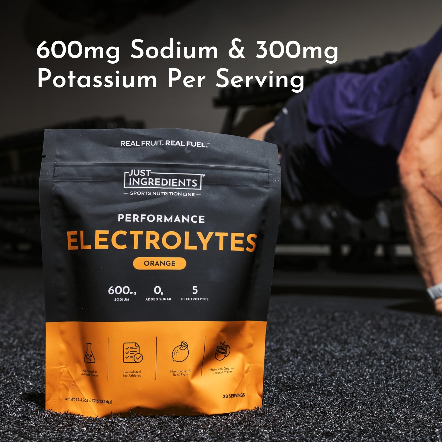 JUST INGREDIENTS Performance Electrolytes Powder Lemon Lime, 600mg Sodium with Organic Coconut Water, 30 Servings, Naturally Sweetened with Monk Fruit and Stevia, Flavored with Real Fruit, Non-GMO