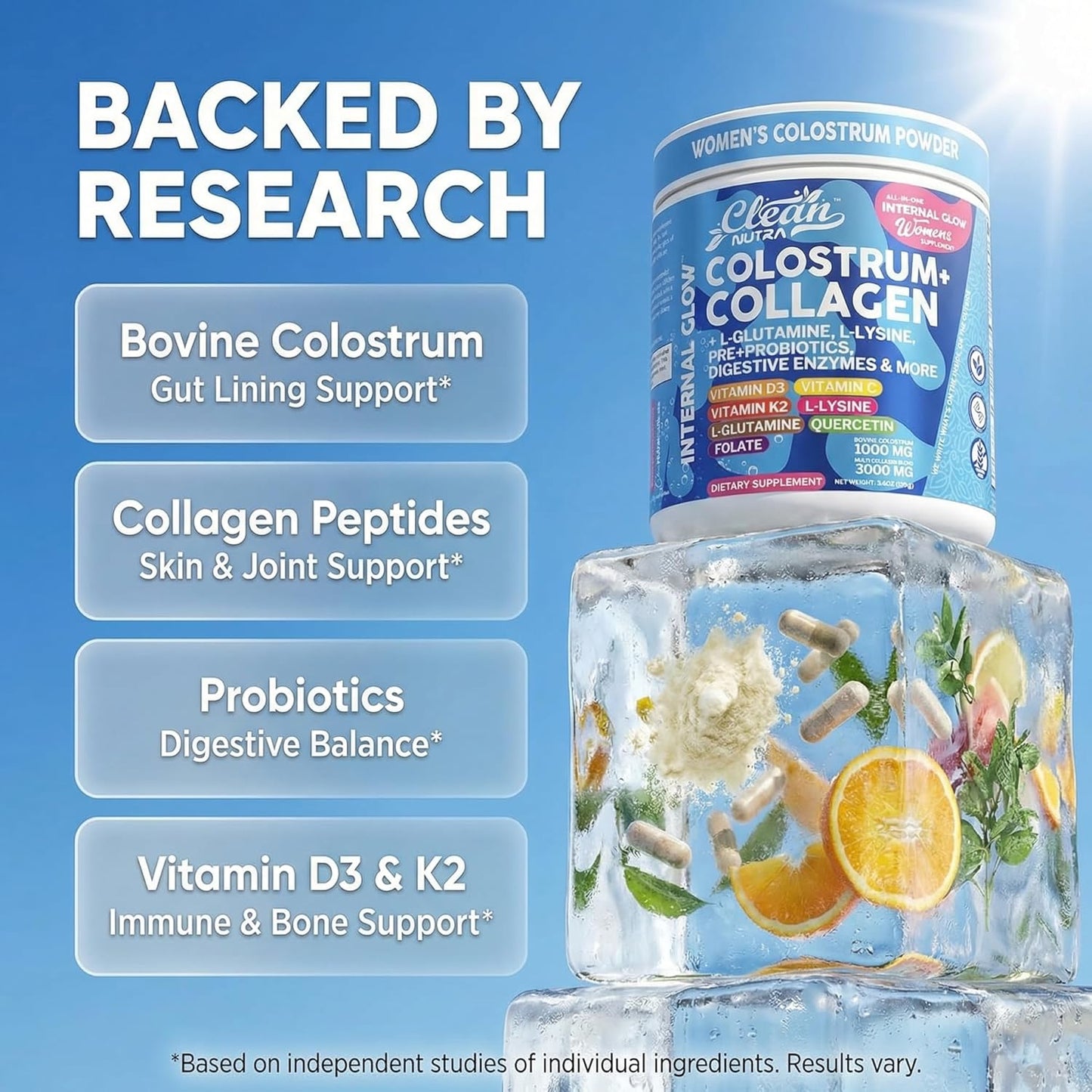Bovine Colostrum Powder + Collagen Peptides with L-Glutamine L-Lysine Prebiotics Probiotics Digestive Enzymes Vitamin D K2 C Quercetin & Folate | Gut Health Supplement Internal Glow By Clean Nutra