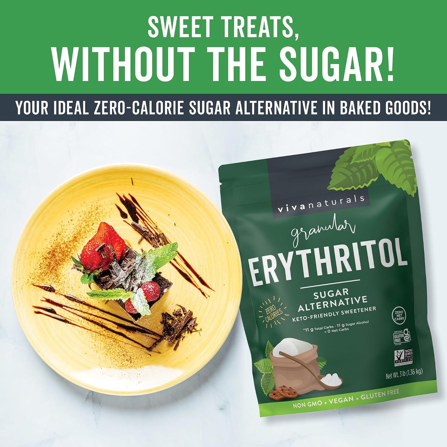 Viva Naturals Erythritol Sweetener, 3 lb – Zero Calorie Sugar Alternative, No Bitter Aftertaste, Low Glycemic Index, Ideal for Baking & Sweetening - Keto Friendly, Non-GMO