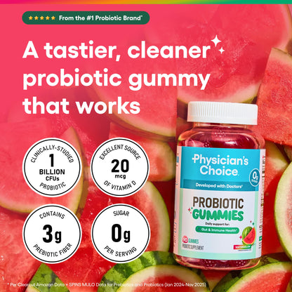 Physician's CHOICE Probiotic Gummies with Vitamin D & Prebiotic Fiber - Sugar Free - 1B CFUs of Clinically Studied Probiotic - Supports Immune & Gut Health for Women & Men - Watermelon Flavor - 60CT