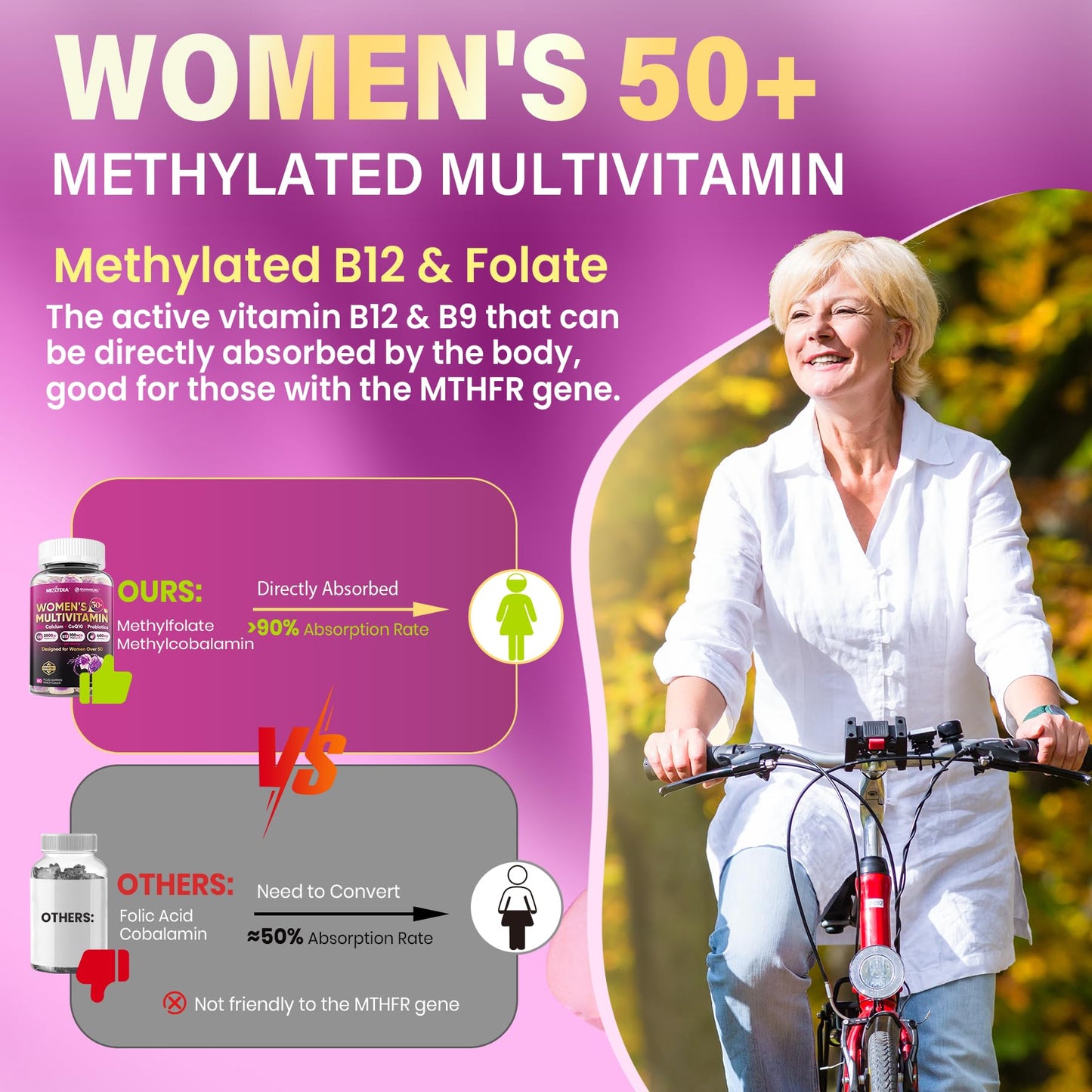 Multivitamin for Women 50 Plus Gummies, Vegan Omega 3, Methylfolate, Calcium, D3 K2, Probiotics CoQ10, Daily Vitamin A C E Methylated B12 Biotin B Complex Zinc -Bone Energy Longevity -Sugar Free 60Cts