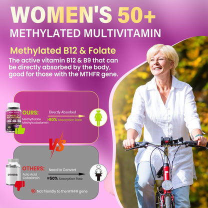 Multivitamin for Women 50 Plus Gummies, Vegan Omega 3, Methylfolate, Calcium, D3 K2, Probiotics CoQ10, Daily Vitamin A C E Methylated B12 Biotin B Complex Zinc -Bone Energy Longevity -Sugar Free 60Cts