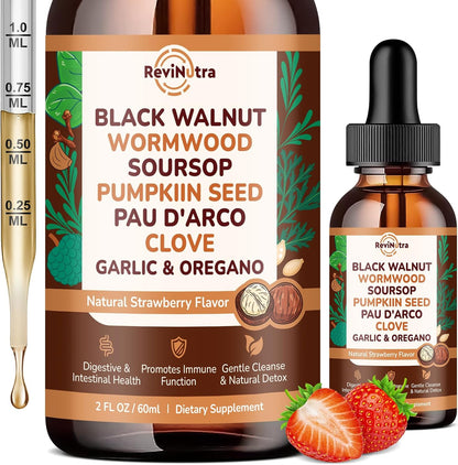 16 in 1 Wormwood Black Walnut Clove Cleanse for Humans Liquid Drops with Soursop Oil of Oregano Pumpkin Seed PAU D’arco Garlic for Gut Cleanse & Digestive Health, Strawberry Flavor 2 Fl Oz
