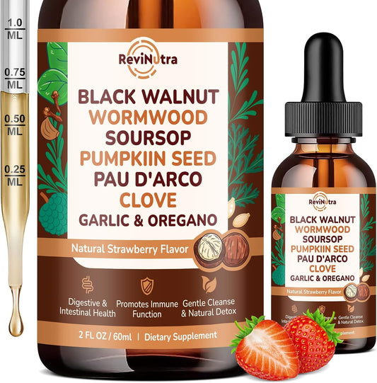 16 in 1 Wormwood Black Walnut Clove Cleanse for Humans Liquid Drops with Soursop Oil of Oregano Pumpkin Seed PAU D’arco Garlic for Gut Cleanse & Digestive Health, Strawberry Flavor 2 Fl Oz