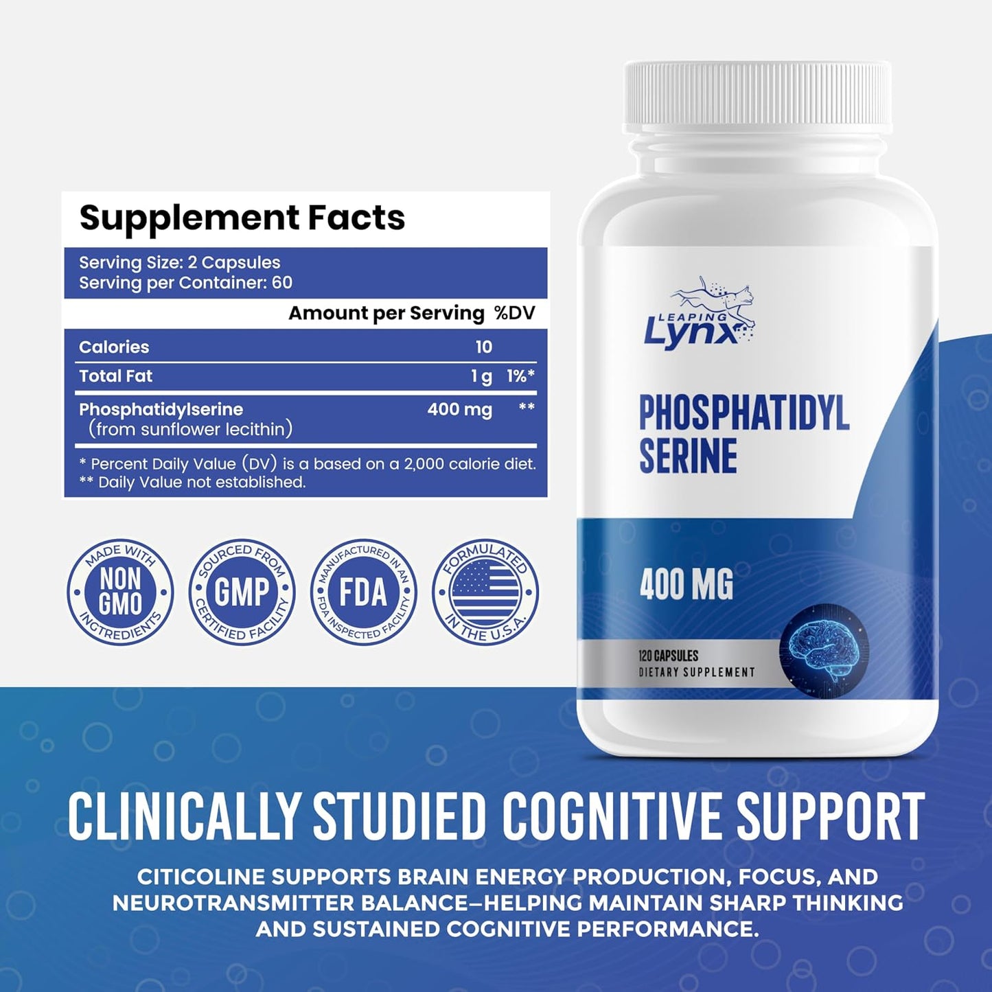 Phosphatidylserine 400 mg – Sunflower Phosphatidylserine Supplement – 120 Capsules (60 Servings) – PS Supplement for Brain, Memory & Cognitive Support – Non-GMO, ISO-Certified