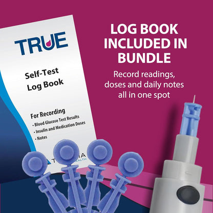 TRUEplus Lancets Bundle (30G), 200 Lancets, Lancing Device, Log Book | Blood Glucose Testing Supplies for Home Use, Includes 200 Sterile 30G Lancets (2 x 100ct), Lancing Device, Log Book