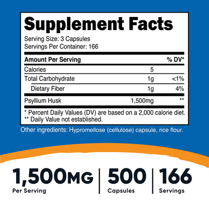 Nutricost Psyllium Husk 1500mg Per Serving, 500 Capsules - Non-GMO & Gluten Free