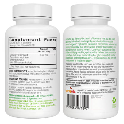 Igennus Longvida Curcumin 500mg – High Absorption ‘Free’ Curcumin, 65x Higher Plasma Levels, Sustained Release (7hr Half-Life), Brain & Cognitive Support, Vegan, 30 Capsules