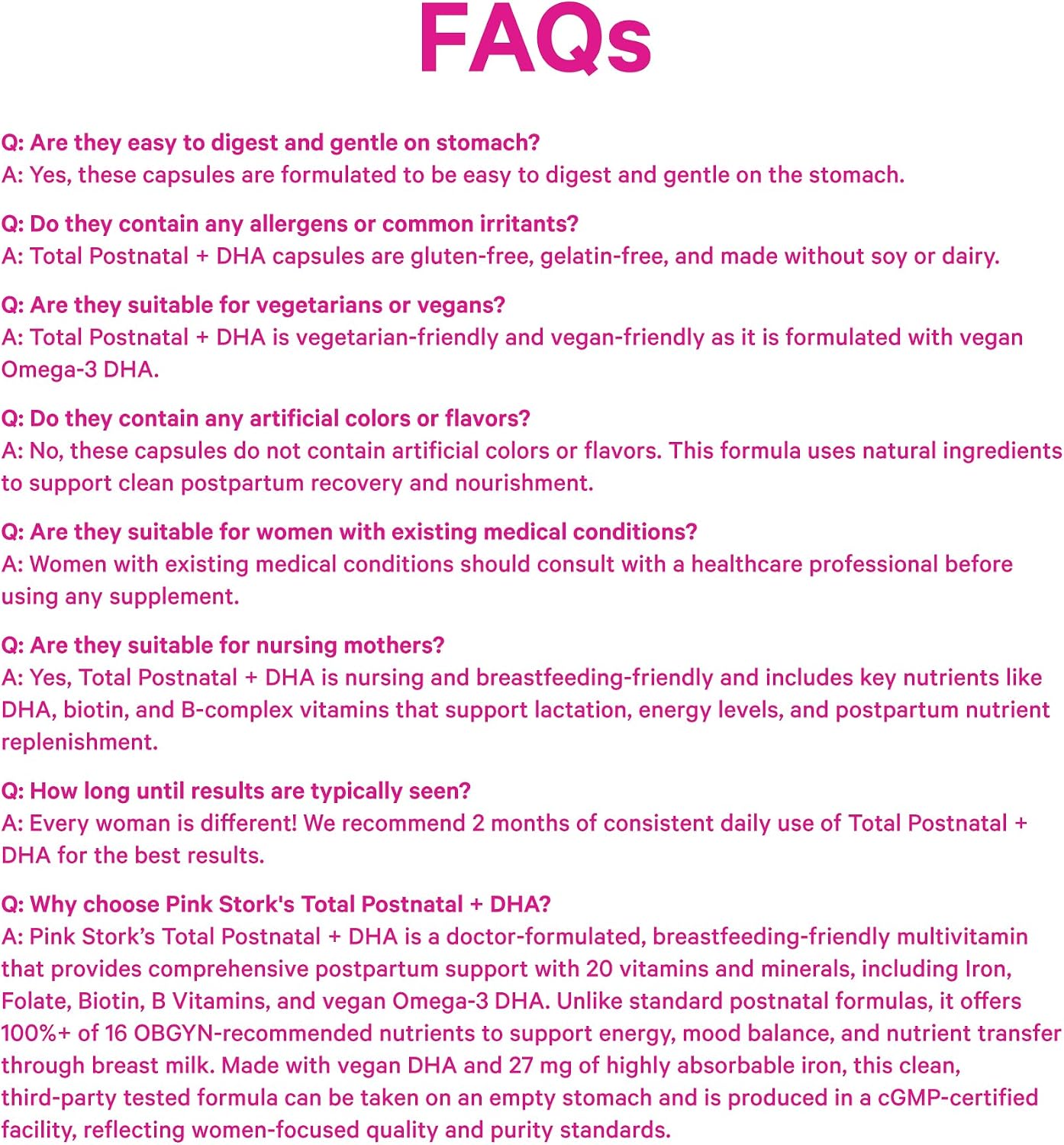 Pink Stork Total Postnatal Vitamins for Women, 60 Capsules, Mint | Vegan Algae DHA, Methylated Folate, Iron & B12, Postpartum Recovery & Lactation Support, Clean Label Award Winner, 1 Month