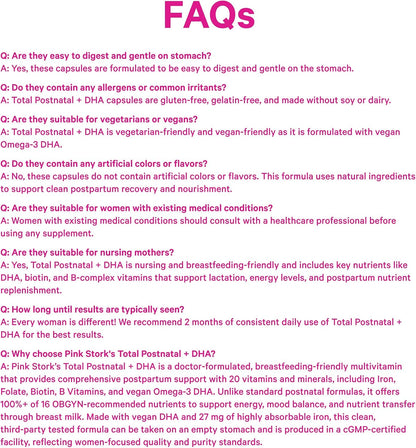 Pink Stork Total Postnatal Vitamins for Women, 60 Capsules, Mint | Vegan Algae DHA, Methylated Folate, Iron & B12, Postpartum Recovery & Lactation Support, Clean Label Award Winner, 1 Month