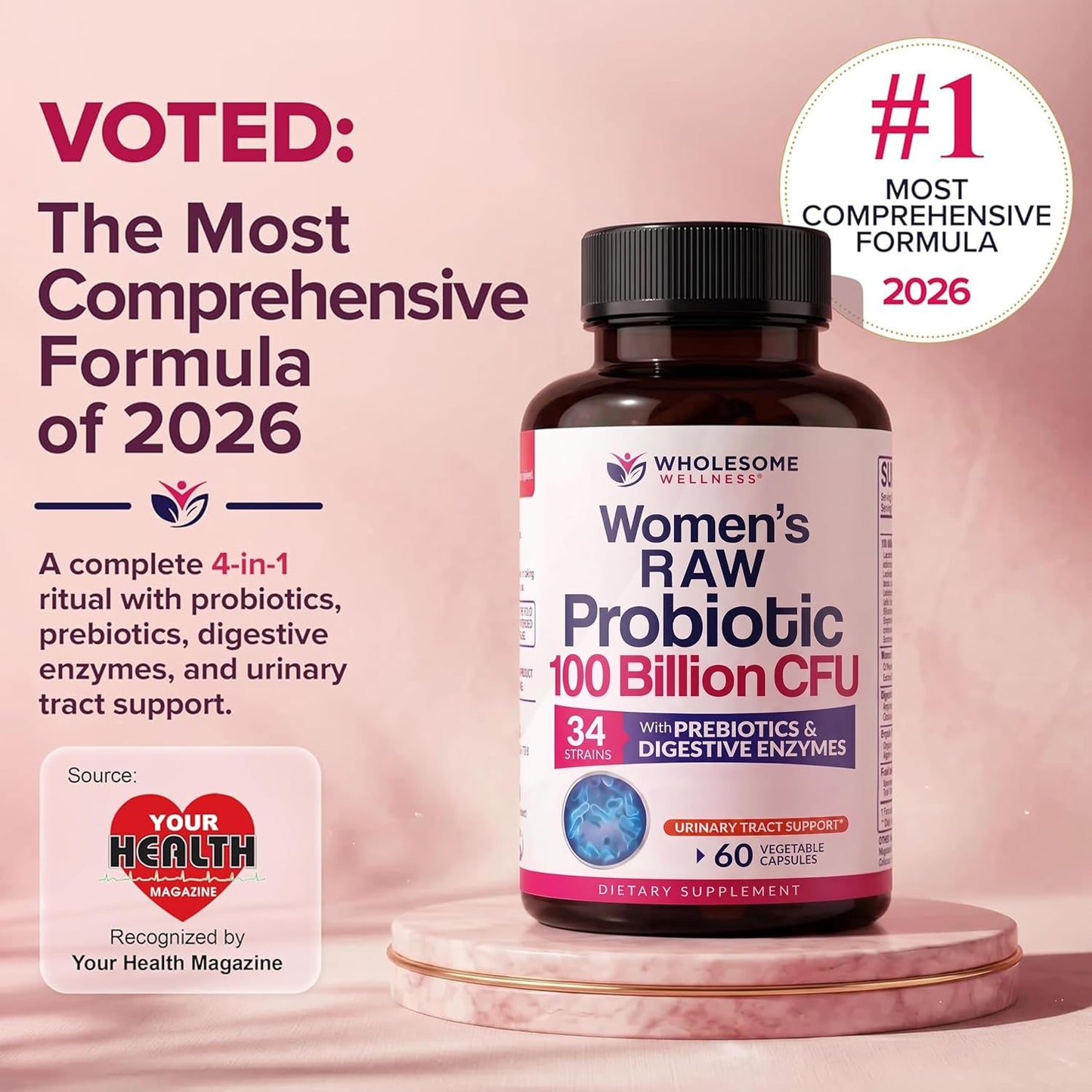 Wholesome Wellness Dr. Formulated Raw Probiotics for Women 100 Billion CFUs Capsules with Prebiotics, Digestive Enzymes, Approved for Adults, Shelf Stable Supplement