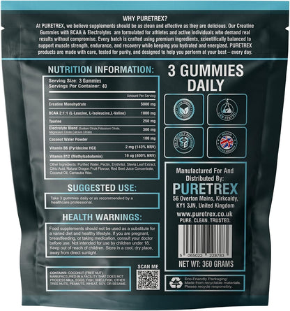 Creatine Gummies with BCAA and Electrolytes, 5g Creatine Monohydrate per Serving, Sugar Free Chews for Muscle Recovery and Hydration, Arctic Dragon Fruit Flavor, Vegan, 120 Count, Made in UK