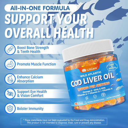 Cod Liver Oil Gummies 1000mg for Kids & Adults - w/Omega 3 (EPA & DHA), Vitamins A, D3 & K2 - Cod Liver Oil Omega 3 Gummies for Immune, Brain & Cognitive Support, SugarFree, Orange Flavor, 120Cts