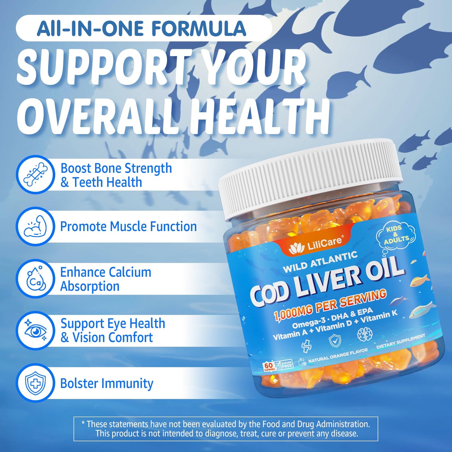 Cod Liver Oil Gummies 1000mg for Kids & Adults - w/Omega 3 (EPA & DHA), Vitamins A, D3 & K2 - Cod Liver Oil Omega 3 Gummies for Immune, Brain & Cognitive Support, SugarFree, Orange Flavor, 120Cts