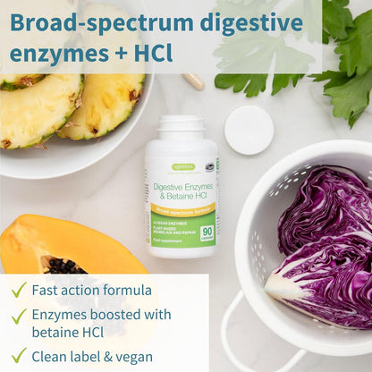 Igennus Fast Action Digestive Enzymes & Betaine HCl, 10 Broad Spectrum Enzymes with Protease, Lipase & Lactase, Papain & Bromelain, Plant-Based Vegan, Clean Label, for Women and Men, 90 Capsules