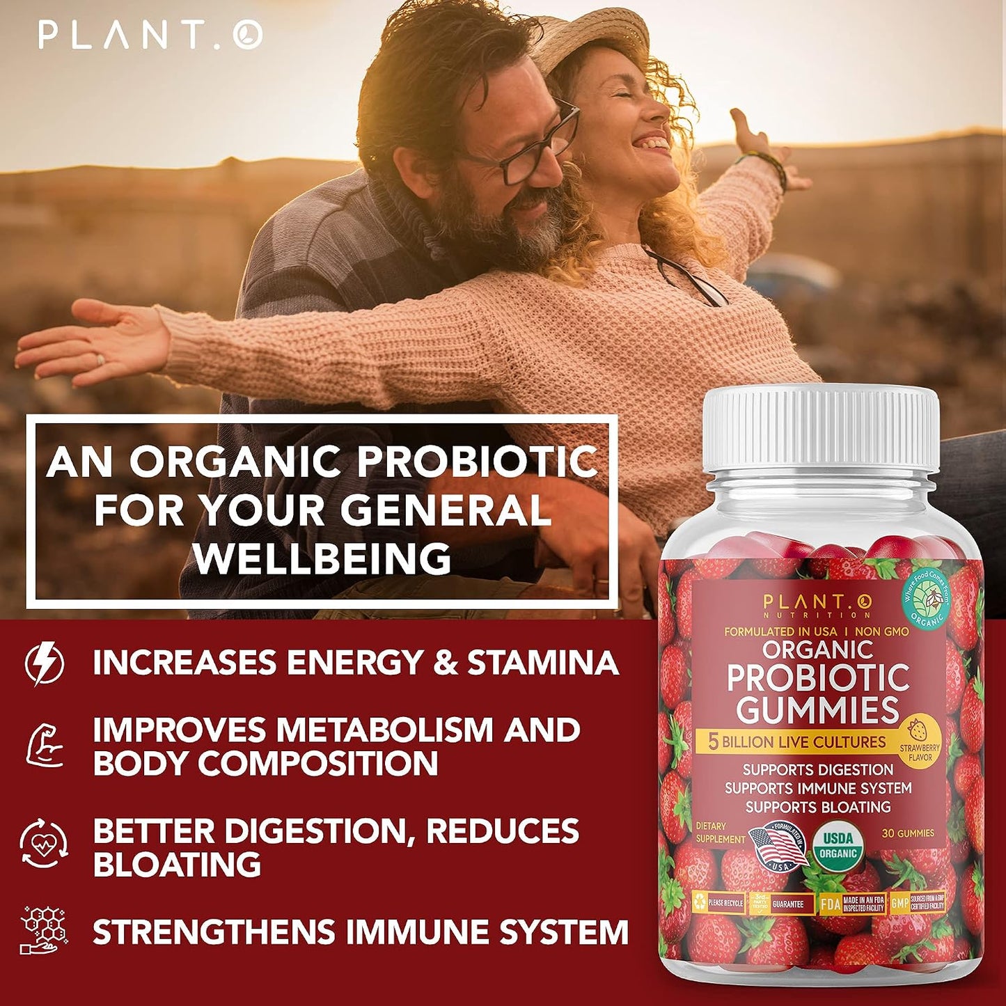 Plant.O Organic Probiotic Gummies for Women, Men & Kids [5 Billion CFUs USDA Certified] Help Support Digestion, Bloating, Constipation & Immune System, Strawberry Flavor, 30 Chewable Probiotics