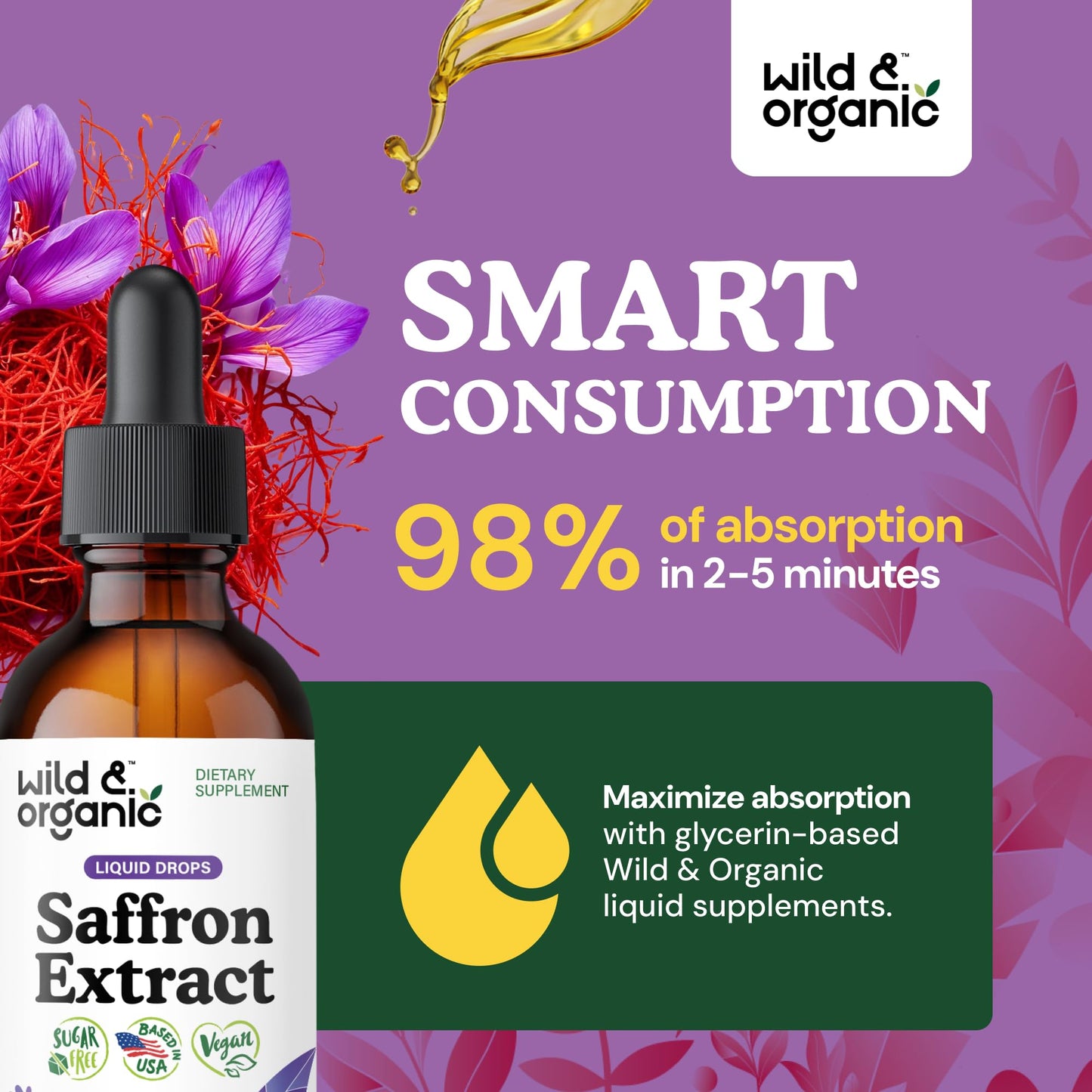 Wild & Organic Saffron Supplements 88.5 mg - Mood, Focus & Eye Support - Saffron Extract Liquid Drops - Add to Tea - 5-Month Supply - Crocus Sativus Herb - Vegan, Sugar & Alcohol-Free Tincture - 4 oz