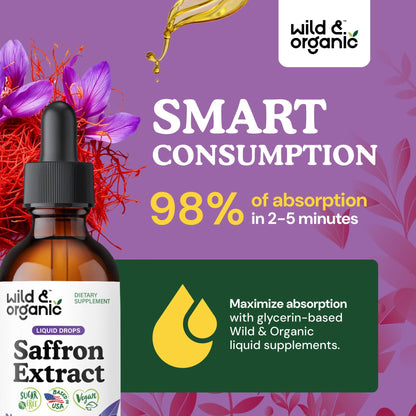 Wild & Organic Saffron Supplements 88.5 mg - Mood, Focus & Eye Support - Saffron Extract Liquid Drops - Add to Tea - 5-Month Supply - Crocus Sativus Herb - Vegan, Sugar & Alcohol-Free Tincture - 4 oz