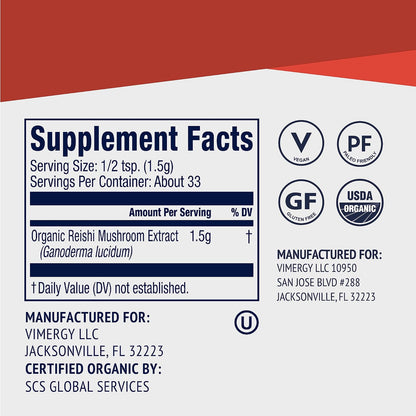 Vimergy Reishi Powder – Superfood Cellular Support* – Benefits Immune Health* – USDA Certified Organic, Vegan, Paleo-Friendly, Gluten-Free – 33 Servings