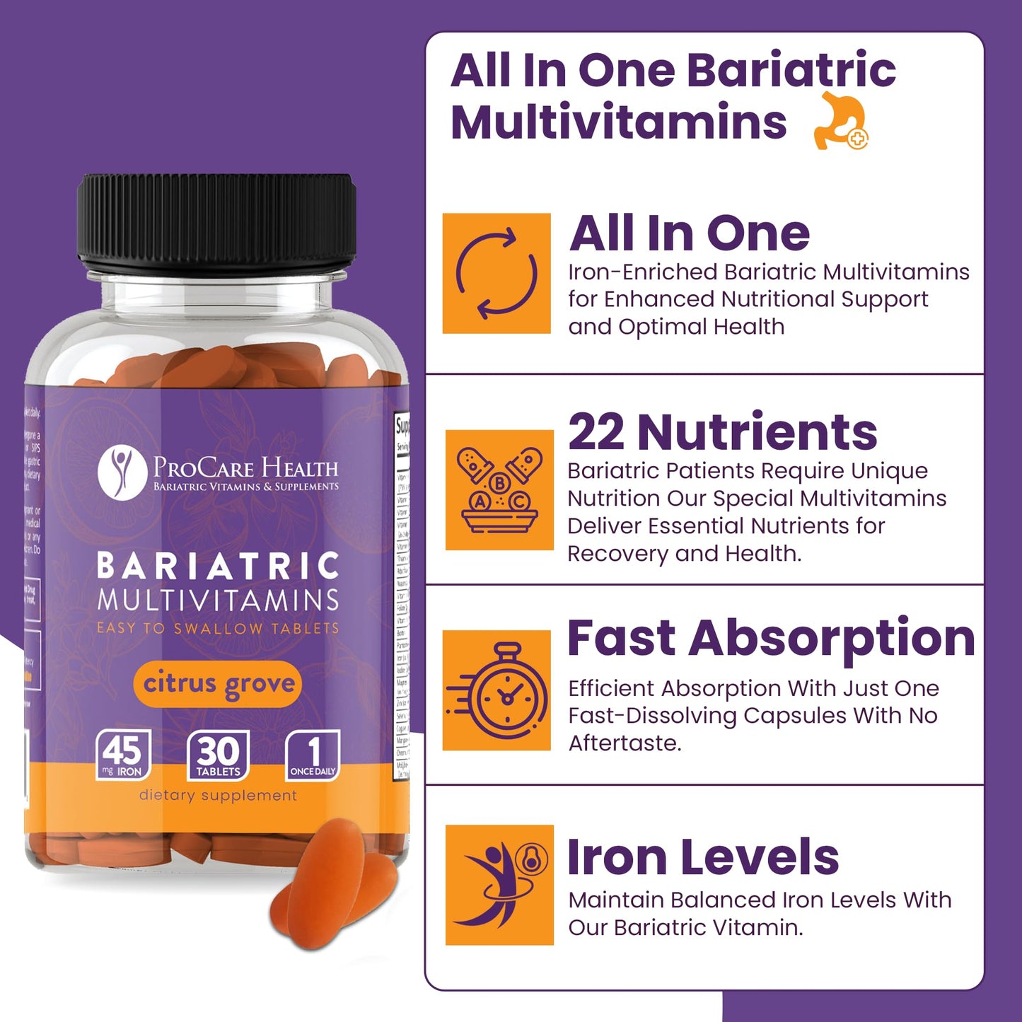 ProCare Health Easy-45 Bariatric Multivitamin | Citrus Grove Tablets | 90ct | Once Daily Tablets for Gastric Bypass Sleeve & Post-Op Support Pills for Sleeve Patients & Sustains Recovery, Easy to Swallow