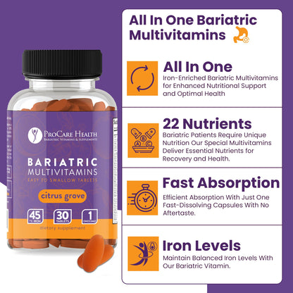 ProCare Health Easy-45 Bariatric Multivitamin | Citrus Grove Tablets | 90ct | Once Daily Tablets for Gastric Bypass Sleeve & Post-Op Support Pills for Sleeve Patients & Sustains Recovery, Easy to Swallow