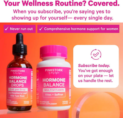 Pink Stork Hormone Balance Drops for Women - 2oz, 30 Servings | Supports Hormonal Health, PMS, Perimenopause & Mood, with Red Raspberry Leaf & Wild Yam - Liquid Supplement - Vegan