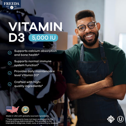 FREEDA Vitamin D3-5000 IU - Pure High Potency Kosher Supplement Tablets - Bone and Muscle Health, Calcium Absorption, Immune Support for Men and Women* - 250 Count | High Potency Vitamin D3 Supplement with 5000 IU Tablets - Support Bone Health, Muscle Fun
