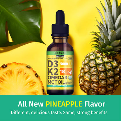 (2 Pack) Organic Vitamin D3 K2 Drops with MCT Oil & Omega 3 - Liquid Vitamin D3 5000 IU - K2 D3 Vitamin Supplement - Vitamin D Drops for Women & Men - No Fillers, Non-GMO, GMP, Unflavored (2 Fl Oz)