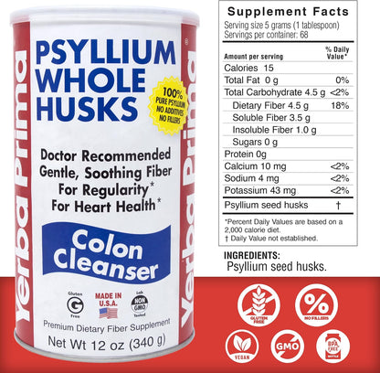 Yerba Prima Psyllium Whole Husk, 1 Bottle 12 oz - Fiber Supplement, Vegan, No Sugar or Artificial Sweeteners, Non GMO, Gluten Free