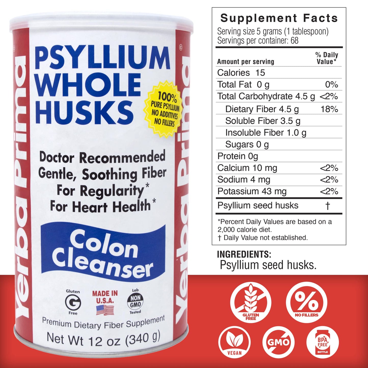 Yerba Prima Psyllium Whole Husk, 1 Bottle 12 oz - Fiber Supplement, Vegan, No Sugar or Artificial Sweeteners, Non GMO, Gluten Free