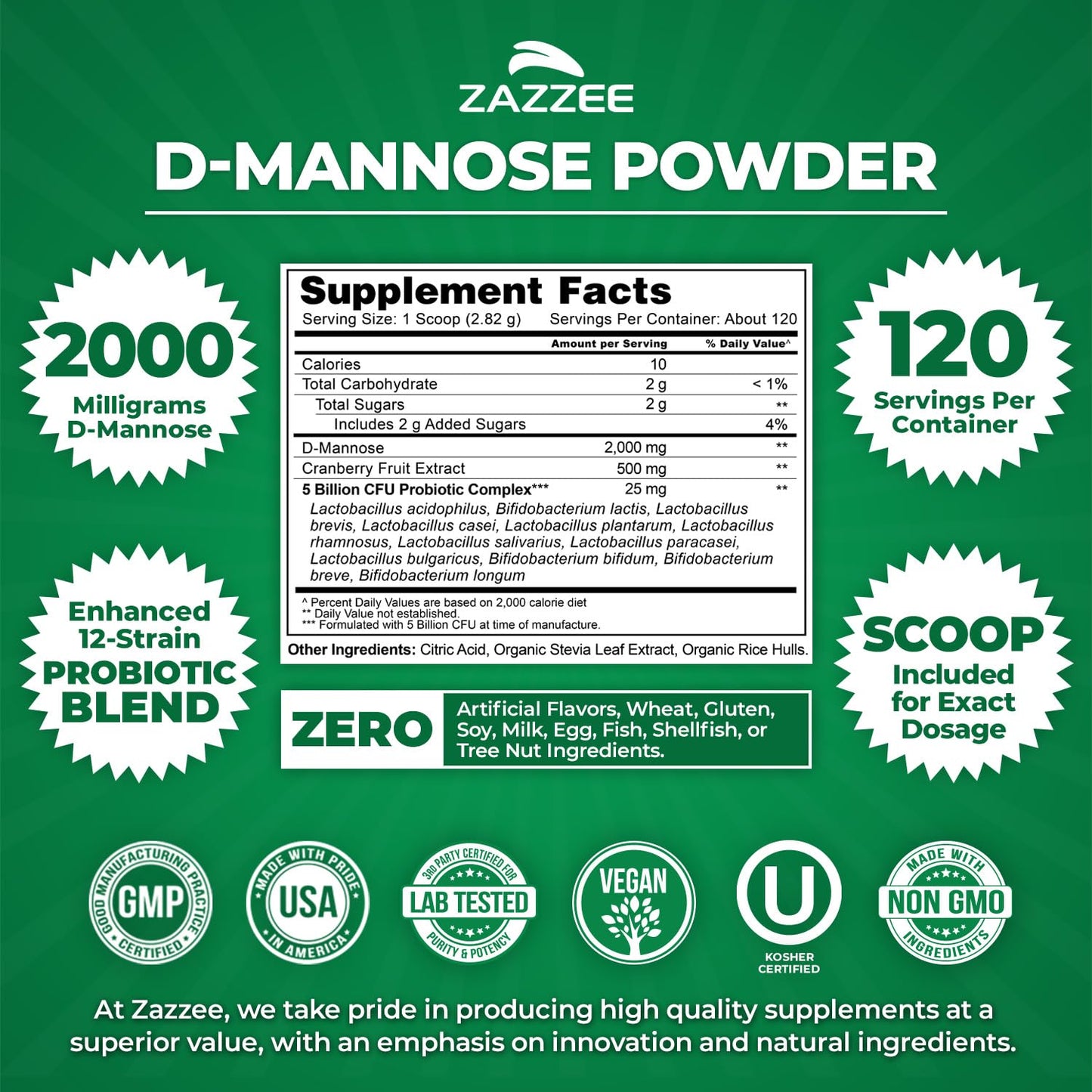 Zazzee D-Mannose Powder Plus, 2000 mg, 67 Servings, Plus 5 Billion CFU Probiotics and Pure Cranberry Juice Extract, Certified Kosher, Free Scoop, 6.67 oz, Urinary Tract Support, Non-GMO, All-Natural