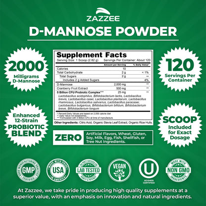 Zazzee D-Mannose Powder Plus, 2000 mg, 67 Servings, Plus 5 Billion CFU Probiotics and Pure Cranberry Juice Extract, Certified Kosher, Free Scoop, 6.67 oz, Urinary Tract Support, Non-GMO, All-Natural