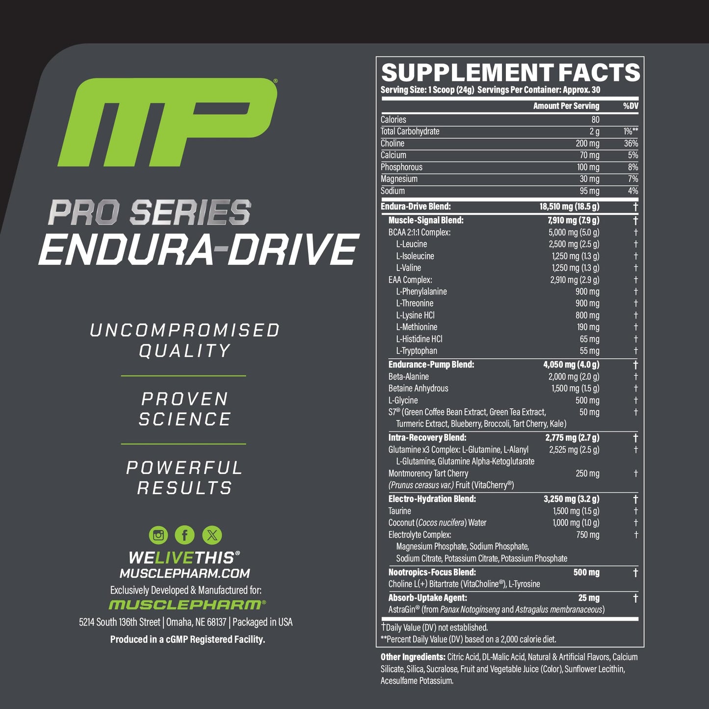MusclePharm Pro Series ENDURA-DRIVE Pro-Grade Amino Acids Complex with Nootropics | Stim Free Intra Workout & Pre Workout Powder for Endurance & Recovery | Strawberry Watermelon, 1.6 lbs, 30 Servings