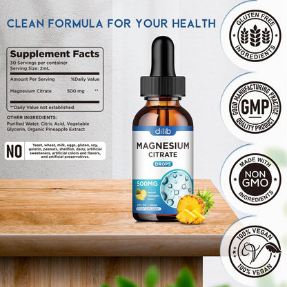 Magnesium Citrate Liquid Magnesium Drops Supplement 500mg-Support Stress Relief, Bone, Muscle, Mood, Sleep-2 Fl Oz, Vegan, Pineapple Flavor