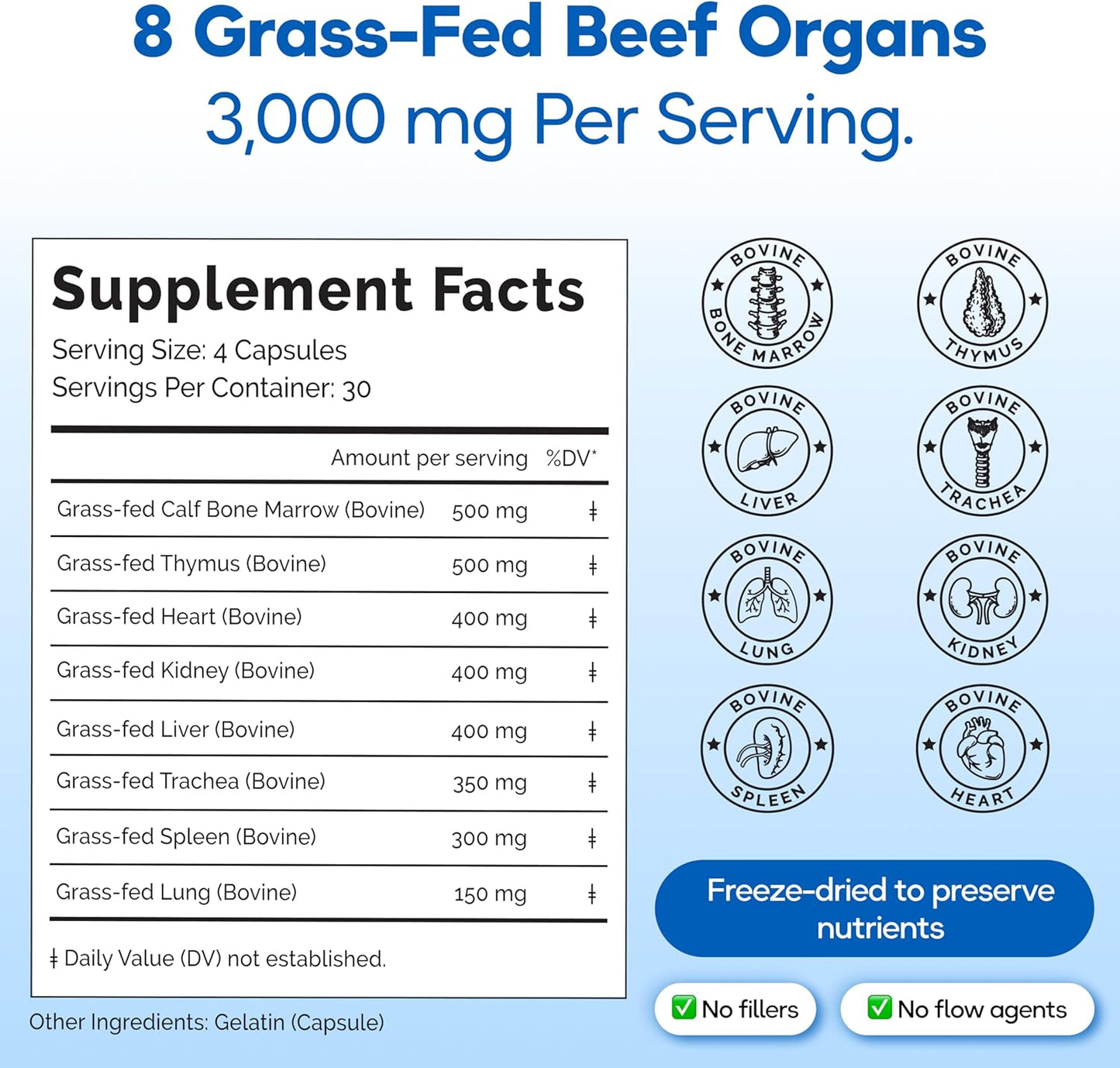 Grass Fed Beef Organ Supplement 3000mg (8 Organs) - Bone Marrow, Thymus, Liver, Heart, Kidney, Trachea, Spleen, Lung - Freeze-Dried - 120 Capsules (30 Servings)