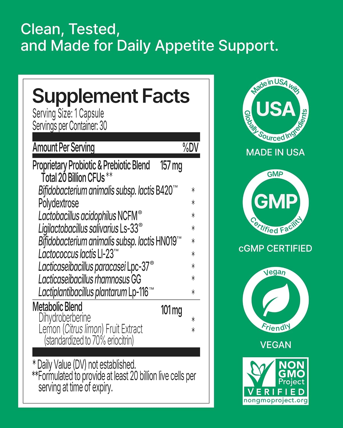 Appetite Suppressant GLP-1 Support Supplement - 30 Capsules | Probiotic + Prebiotic, Super Berberine for Weight Loss, Metabolism, Craving Control, 20B CFU, 8 Clinically Studied Strains
