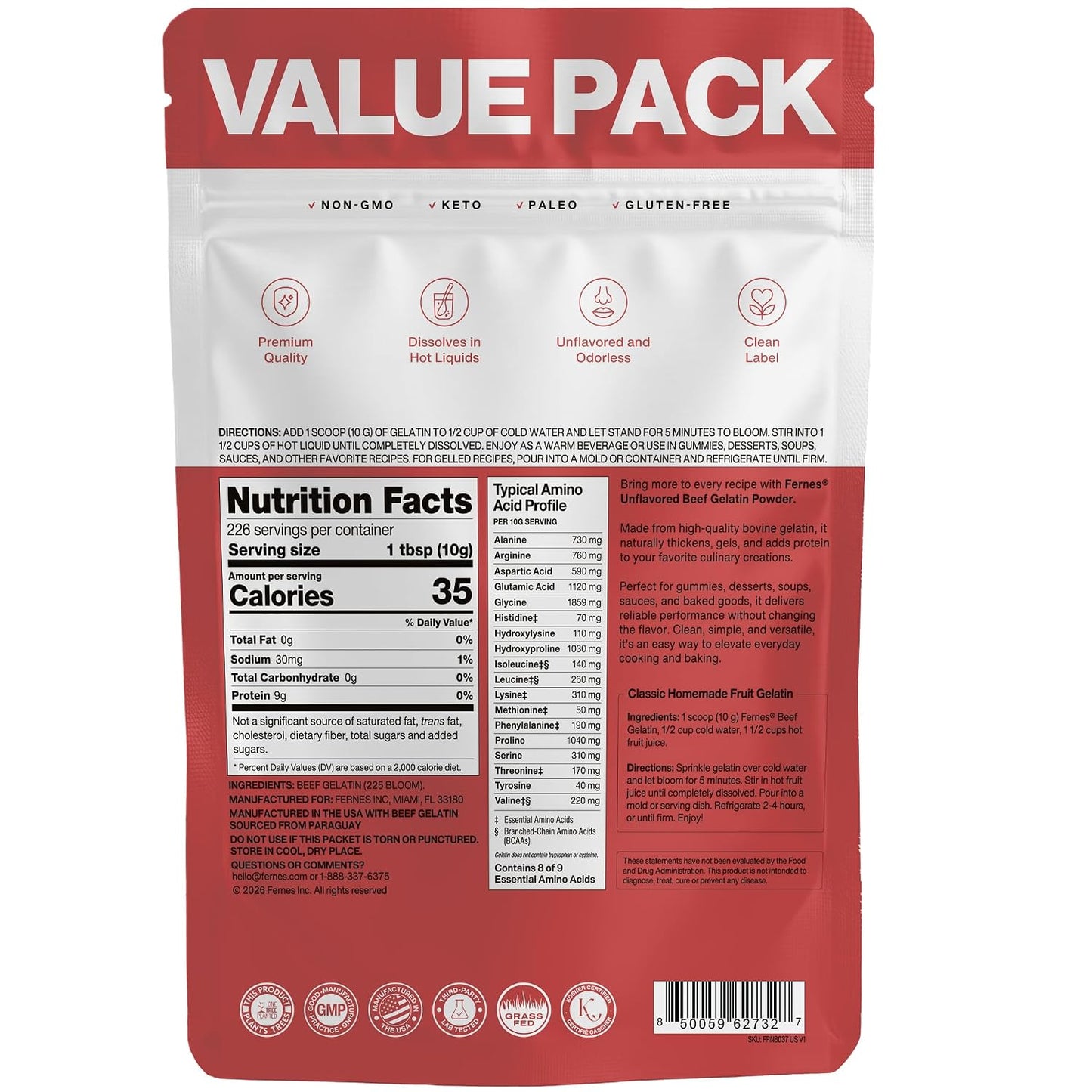 Fernes Bulk Beef Gelatin Powder (5 LB) Unflavored - Grass-Fed & Pasture-Raised, 225 Bloom Thickening Agent for Gummies, Marshmallows, Desserts & Baking - Keto, Paleo, Non-GMO, Kosher, Gluten-Free