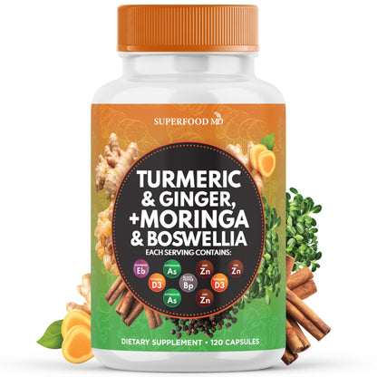 Turmeric Moringa Supplement | Ginger, Boswellia, Saffron, Holy Basil- Joint Support Supplement for Women and Men with Ceylon Cinnamon, Quercetin, Tart Cherry- 240 Count