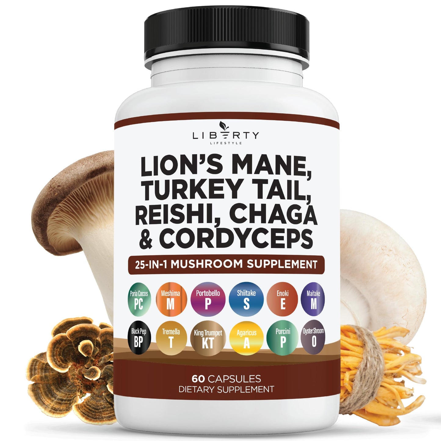 Liberty Lifestyle Lions Mane Mushroom Supplement with Turkey Tail Reishi Cordyceps Chaga with Marshmallow Root - 2-Pack