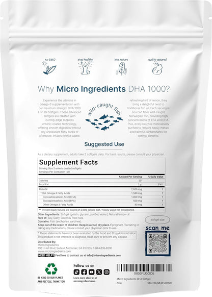 Omega 3 Fish Oil DHA Supplements 1000mg with EPA 500mg, 200 Softgels – Lemon Flavored, Burpless (Enteric Coated) | Deep Sea Fresh Fish, Wild Caught from Norwegian Waters | Mercury Free