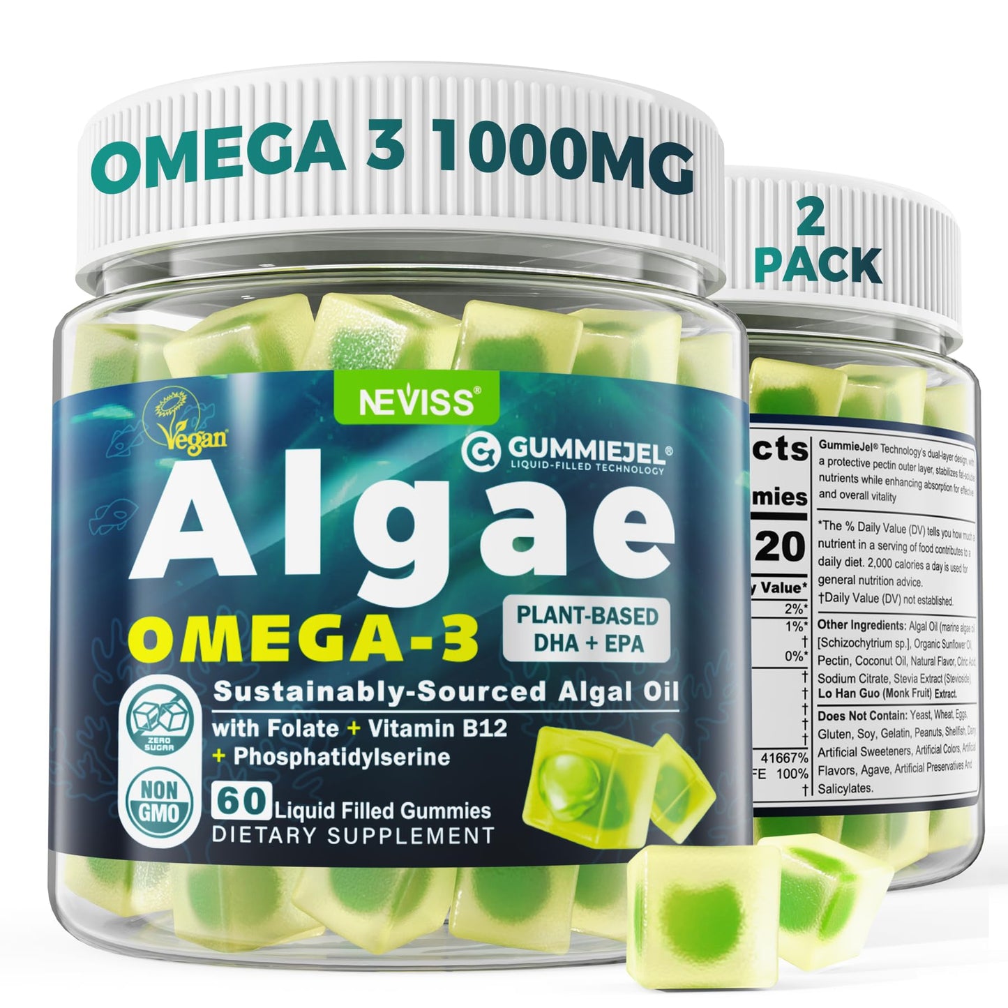 Vegan Omega-3 Gummies for Adults, Fish Oil Alternative from Algae Oil, Plant Based DHA 460mg & EPA 230mg Plus MethylFolate, Vitamin B12, Phosphatidylserine, No Fishy Taste, Vegan, Sugar Free, 60 Cts