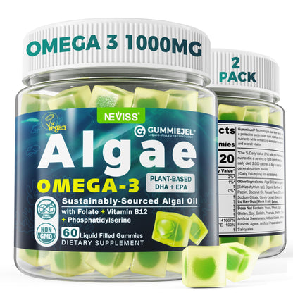 Vegan Omega-3 Gummies for Adults, Fish Oil Alternative from Algae Oil, Plant Based DHA 460mg & EPA 230mg Plus MethylFolate, Vitamin B12, Phosphatidylserine, No Fishy Taste, Vegan, Sugar Free, 60 Cts