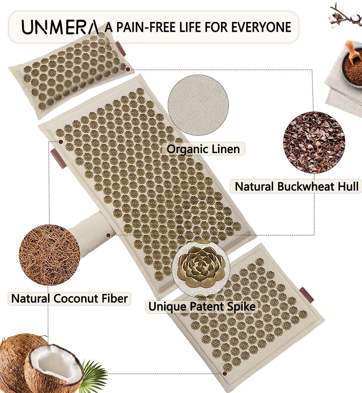 UNMERA Acupressure Mat and Pillow Set,Natural Premium Linen & Coconut Fiber Filling