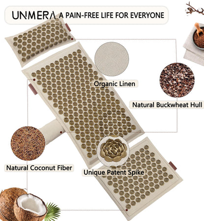 UNMERA Acupressure Mat and Pillow Set,Natural Premium Linen & Coconut Fiber Filling