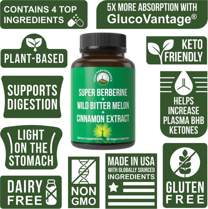 Ultra High Strength 4-in-1 Super Berberine Patented GlucoVantage + Wild Bitter Melon + Cinnamon Extract + Chromium Picolinate Vegan Capsules. Great Supplement to Support After-Meal Spikes and Energy