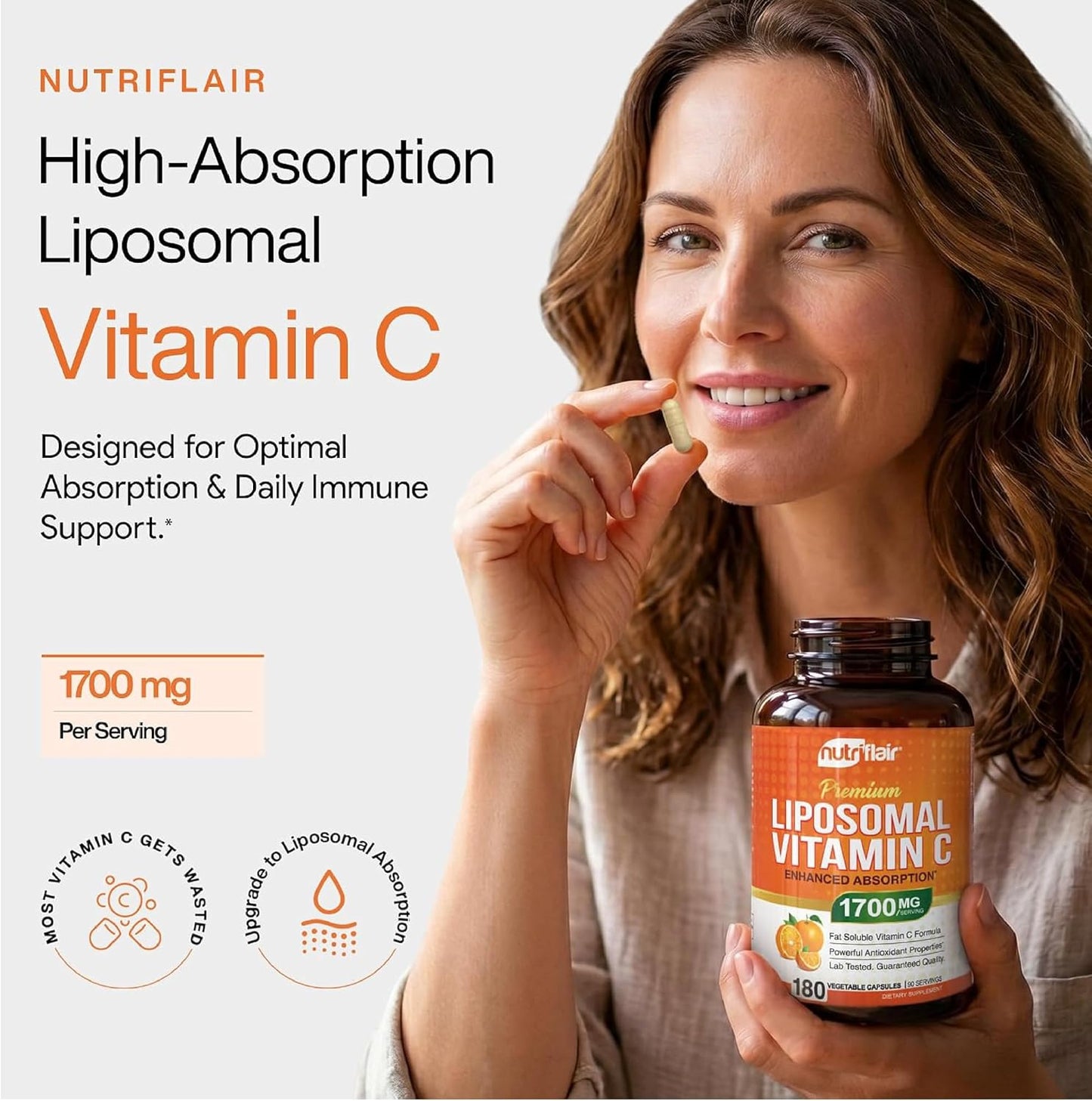 NutriFlair Liposomal Vitamin C 1700mg, 180 Capsules - High Absorption, Fat Soluble VIT C, Higher Bioavailability Immune System Support & Collagen Booster, Non-GMO, Vegan Pills