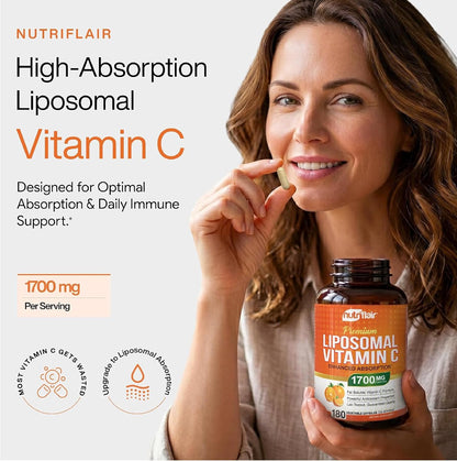NutriFlair Liposomal Vitamin C 1700mg, 180 Capsules - High Absorption, Fat Soluble VIT C, Higher Bioavailability Immune System Support & Collagen Booster, Non-GMO, Vegan Pills