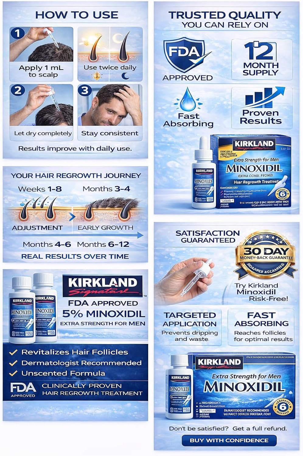 Kirkland Minoxidil 5% Extra Strength Men Hair Regrowth (12 Month Supply) | 5% minoxidil topical solution for men; extra strength hair regrowth treatment; unscented; 12 month with dropper