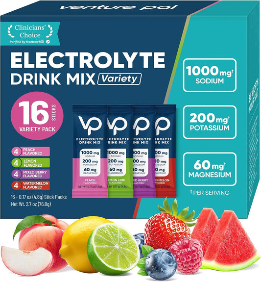 Venture Pal High Sodium Sugar-Free Electrolytes Powder Packets, 16 Sticks | Hydration Packets with Sodium, Potassium & Magnesium, Zero Calories, Keto, Vegan, and Paleo Friendly