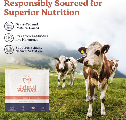 Beef Organ Liver Heart for Women, Grass-Fed, 60 Capsules | Pasture-Raised, Nutrient-Dense Nutrition for Daily Energy, Hormone Balance and Vitality; Easy-to-Swallow Female Formula